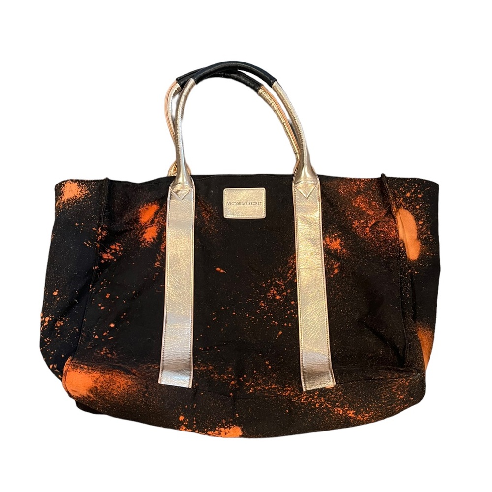 Victoria’s Secret Black Orange Splatter Print Large Canvas Snap Closure Tote Bag